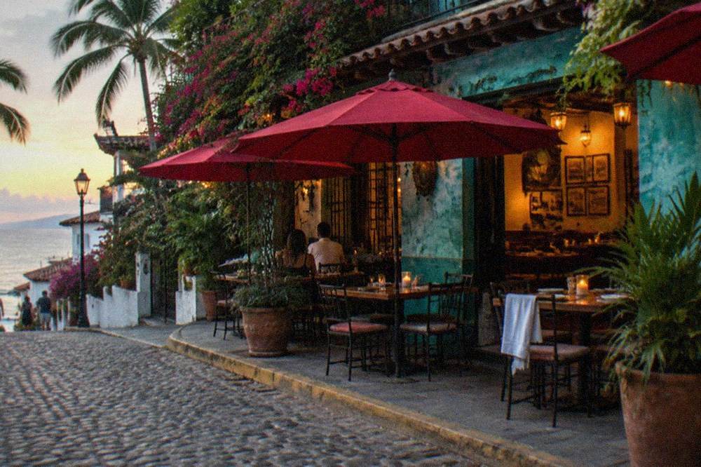 Colorful restaurant facade with umbrellas on a Puerto Vallarta side street