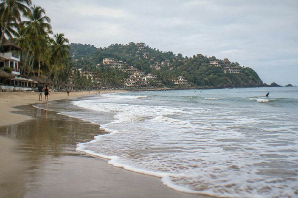 Gentle rolling waves breaking on a wide sandy beach lined with palm trees