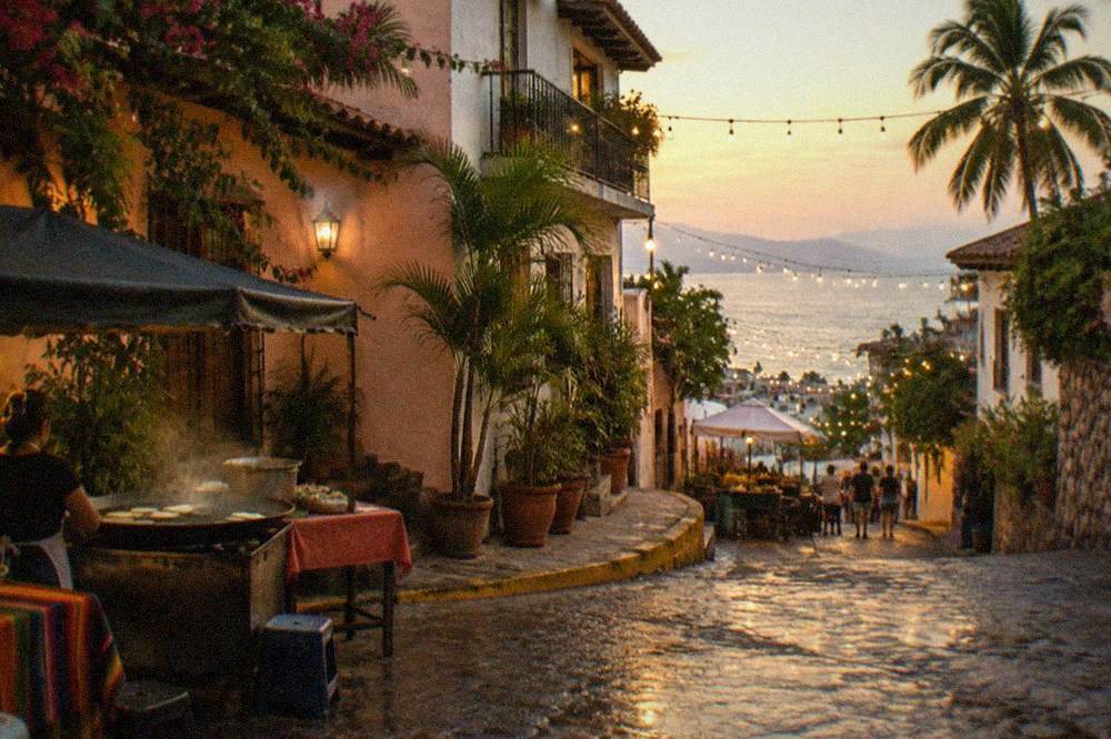 Open-air street corner with food stalls and string lights in a Puerto Vallarta evening