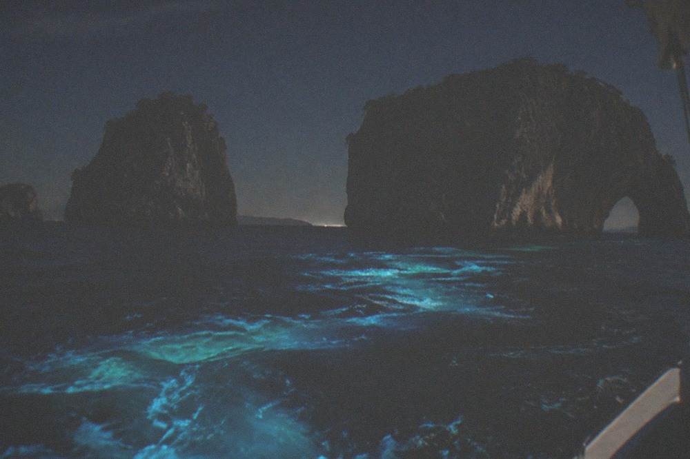 A large yacht cruising on open water with hazy hills along the far shore at dusk