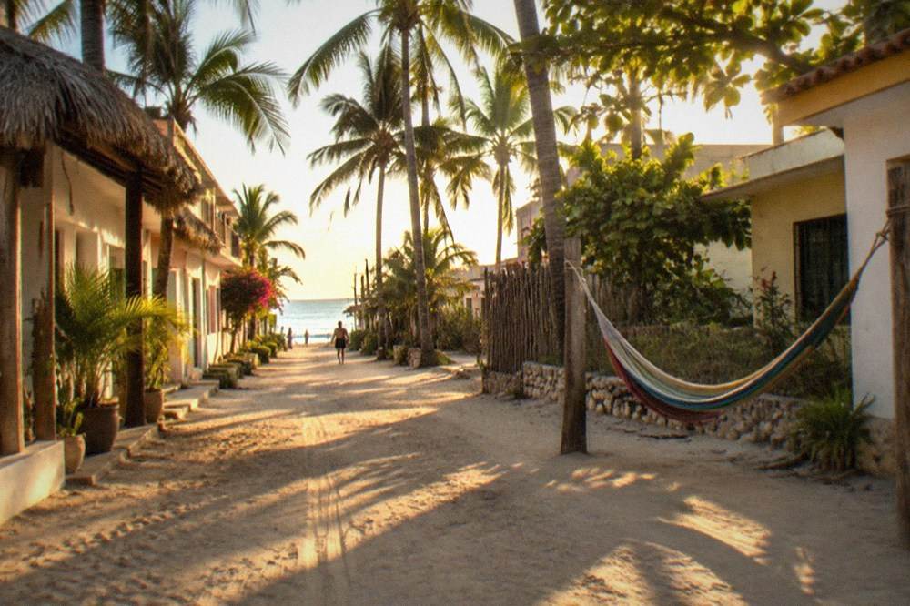 Quiet beach street lined with palm trees and low colorful buildings